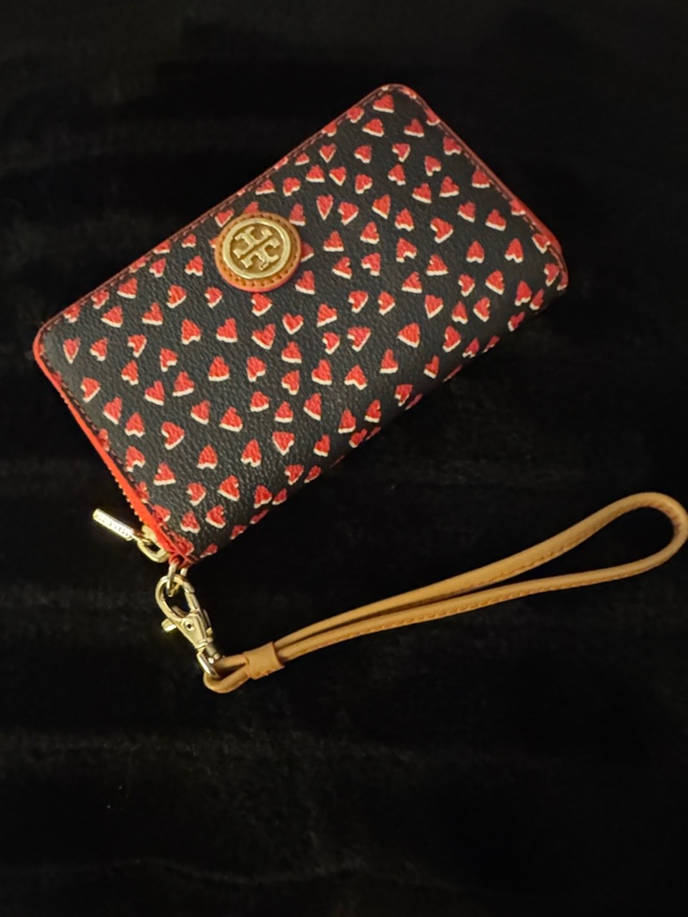 Tory Burch Black Wristlet with Red Heart Motif and Tan Strap